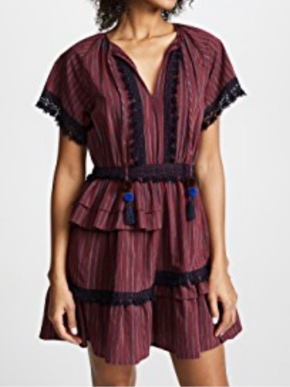 Sea New York Ruffle Mini Dress Peasant Dress in Burgundy Size 8